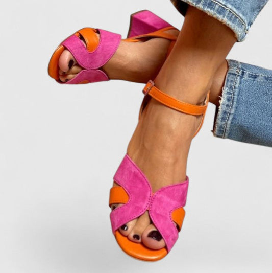 Devynne | Sandalia Artesanal de Tacón Ancho con Diseño Bicolor Fucsia y Naranja